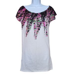 Moda International Womens Tee Size S Long Drop Sleeve Feather Print Tunic
